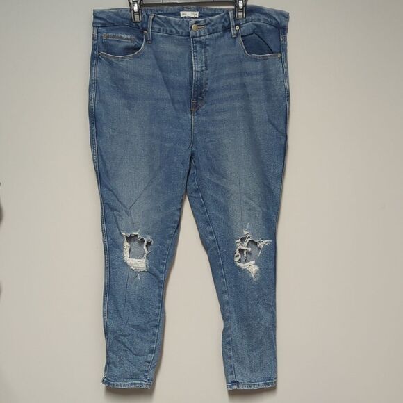 Good American Blue Ankle Cropped Distressed Jeans - Picture 1 of 7